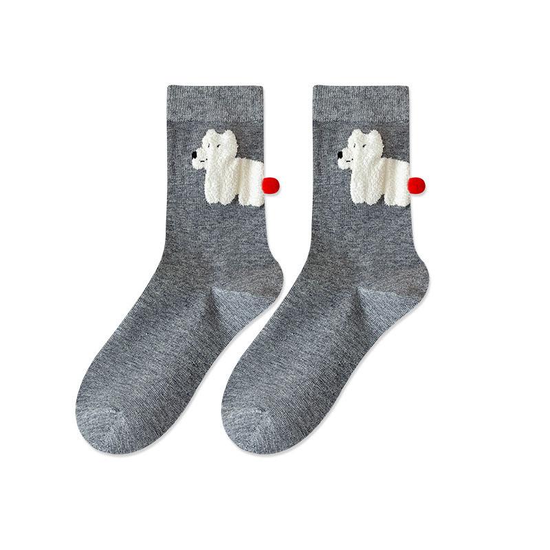 Women's 3D Cartoon Animal Mid-tube Socks with Ball Spring Autumn Cute Trendy CreativeSoft Breathable Cotton Socks