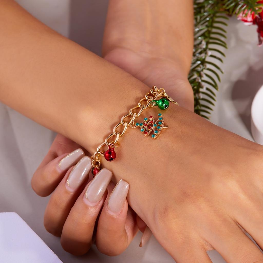 Christmas Bell Santa Claus Tree Deer Wreath Snowman Gift Box Crystal Pendant Bracelet Xmas Chain Bangles For Women Men Jewelry