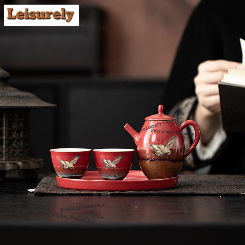 Verbotene Stadt Roter Kran Glückverheißendes Tee-Set Komplettes Set Luxus Teezeremonie-Set Teekanne und Teetasse Set Für Tee-Ornamente Handwerk
