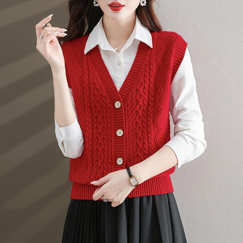 Dámská elegantní polyesterová pletená vesta | Svetrová vesta s copánkovým vzorem a výstřihem do V | Jednobarevné pletené oblečení bez rukávů | Módní top pro vrstvení na podzim/zimu