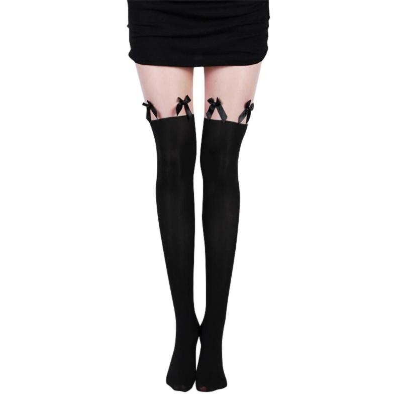 Sexy Women Faux Thigh High Transparent Patchwork Pantyhose Tights Japanese School Girls Cute Bowknot Stockings Hosiery
