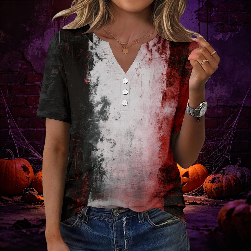 Women V Neck Short Sleeve T Shirt with Decorative Buttons Halloween Print Casual Loose Fit Top for Everyday Wear