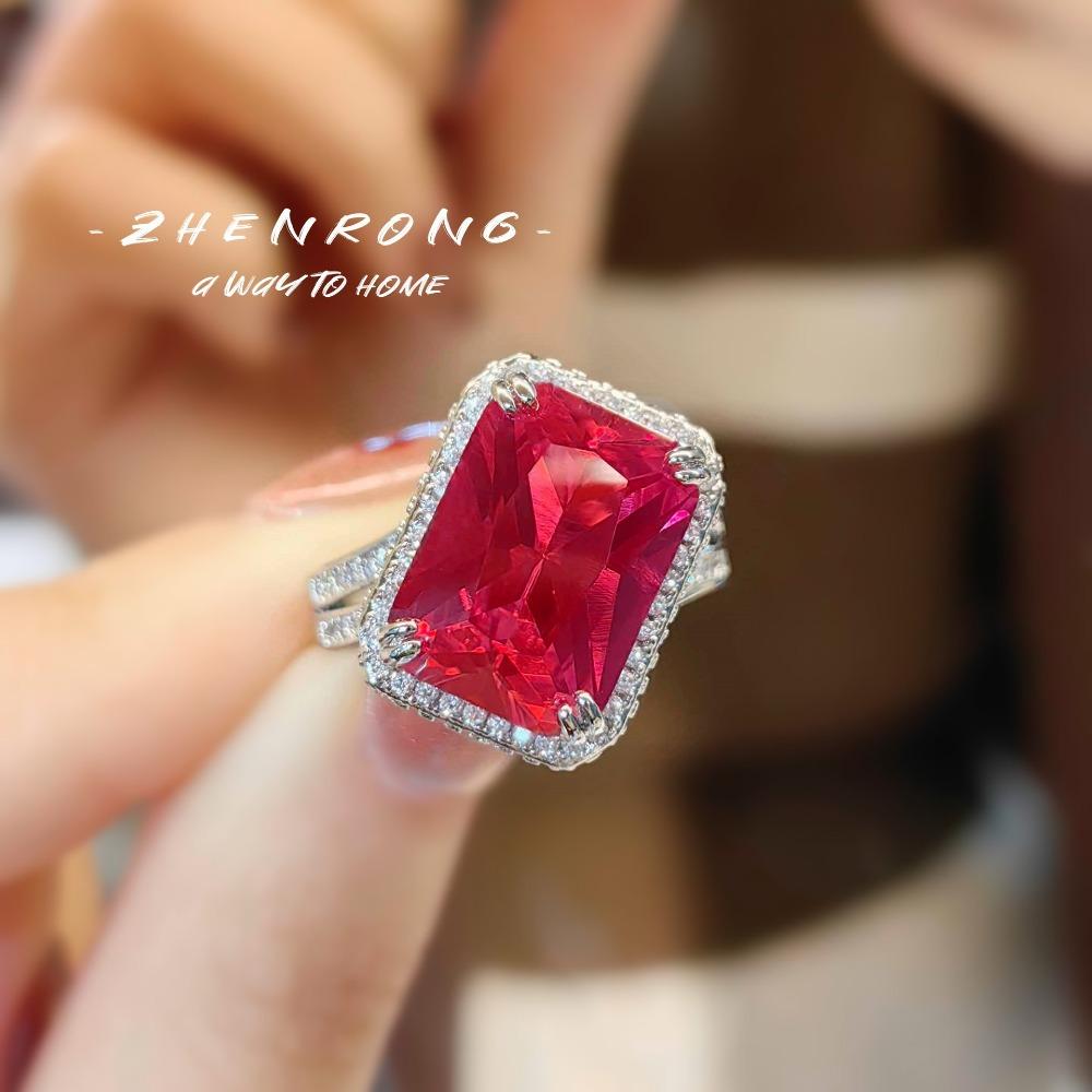 Luxury Open Ring Blue Spinel and Ruby Gemstone with Diamond Setting for Women Stylish Square Emerald Cut Jewelry