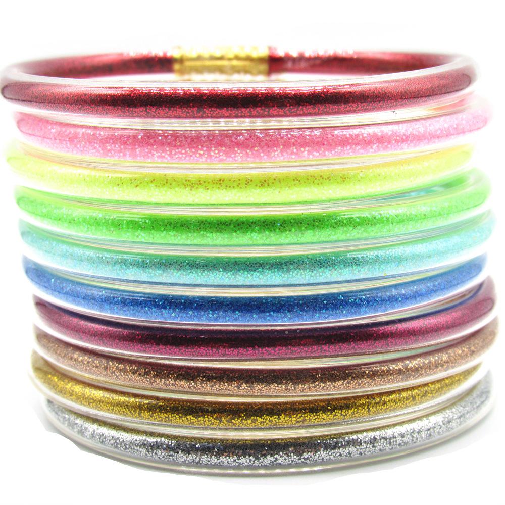 Набор прозрачных разноцветных ПВХ браслетов-желе: 9-Piece, Золотое порошковое покрытие
