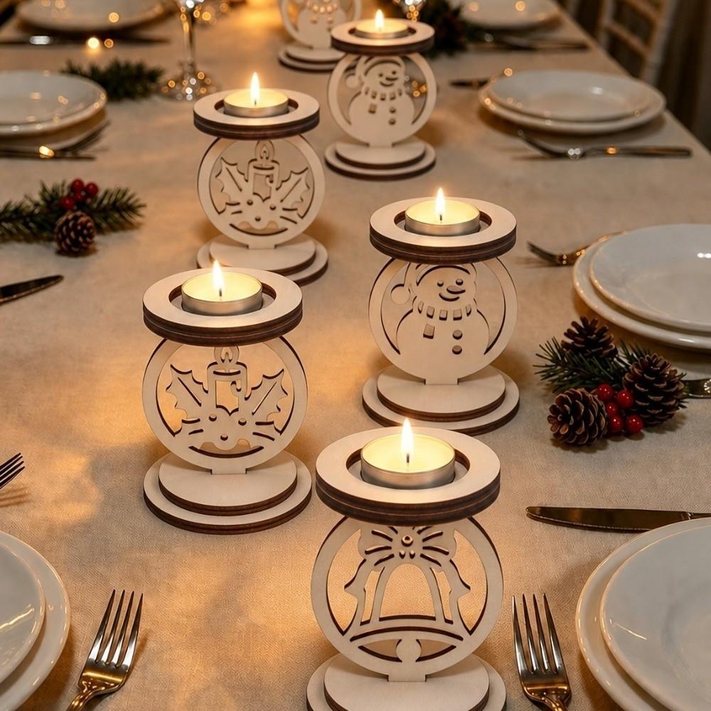 3Pcs Bell Pattern Wooden Christmas Candle Holder Xmas Table Candlestick Living Room