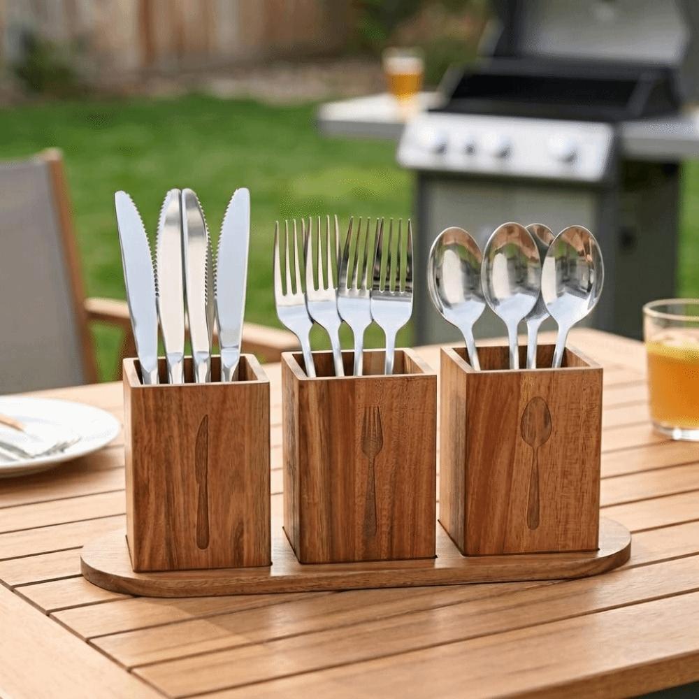 Holz 3-Fächer Besteckhalter Platzsparend Löffel Gabeln Aufbewahrungsbox Make-up Pinsel