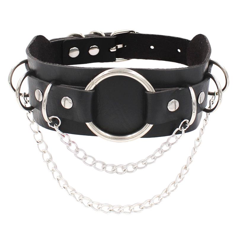Punk dobbeltlags lær O-ring kjede choker halskjede - Europeisk og amerikansk street style metalldesign med sirkel.