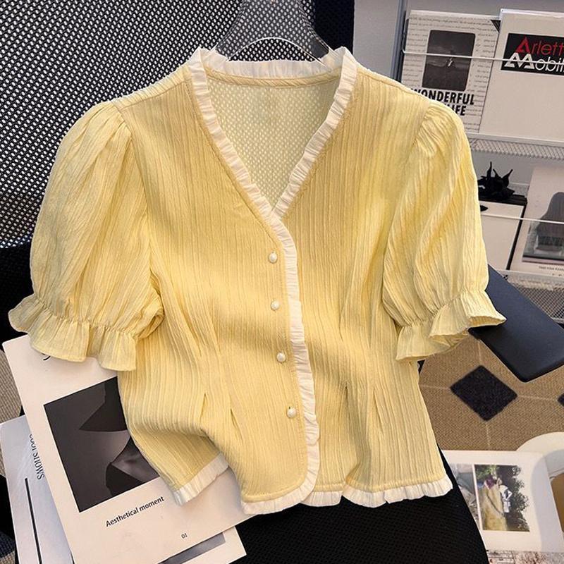 

Женская стильная рубашка на пуговицах с контрастным дизайном оборок, элегантным V-образным вырезом, милая шикарная блузка, летние женские повседневные свободные топы XXXL жёлтый