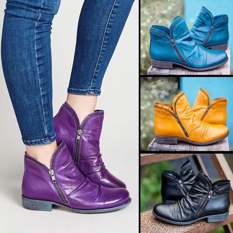 Women's round head artificial v-mouth women's leather boots side zipper Martin boots warm horseshoe heel women's shoes