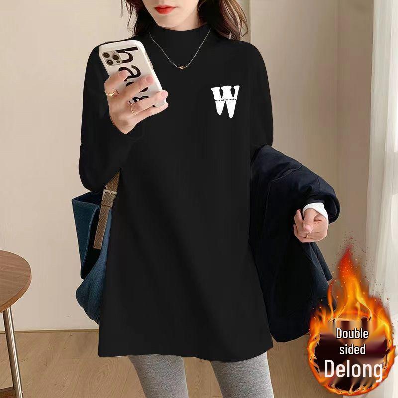 

Plus Size Korean Style Fleece-Lined Women s High-Neck Long-Sleeve Mid-Length Shirt for Autumn and Winter L [100-115 lbs]