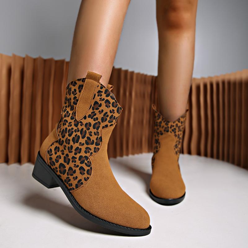 2026 New Women'S Casual Fashion Boots Middle Heel Leopard Chunky Heel Pointed Toe Mid Calf Boots High Heels Women'S Boots