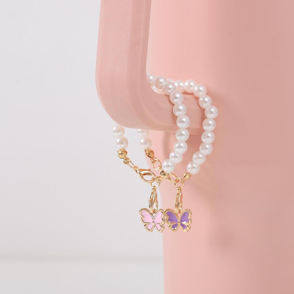 Simple Style Faux Pearl Pink Butterfly Keychain with Stanley Pendant