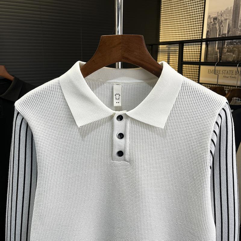 Móda Módní Značka Pánské Oblečení Top Slim Fit Klopa Pletenina Svetr Vysoce Kvalitní Pu Pohledný Mládež Polokošile Pánská Dlouhý Rukáv