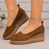 2026 Autumn New Brown Suede Wedges High Heel Pumps Women's Plus Size 36-43 Platform Vintage Slip On Loafers Zapatos De Mujer