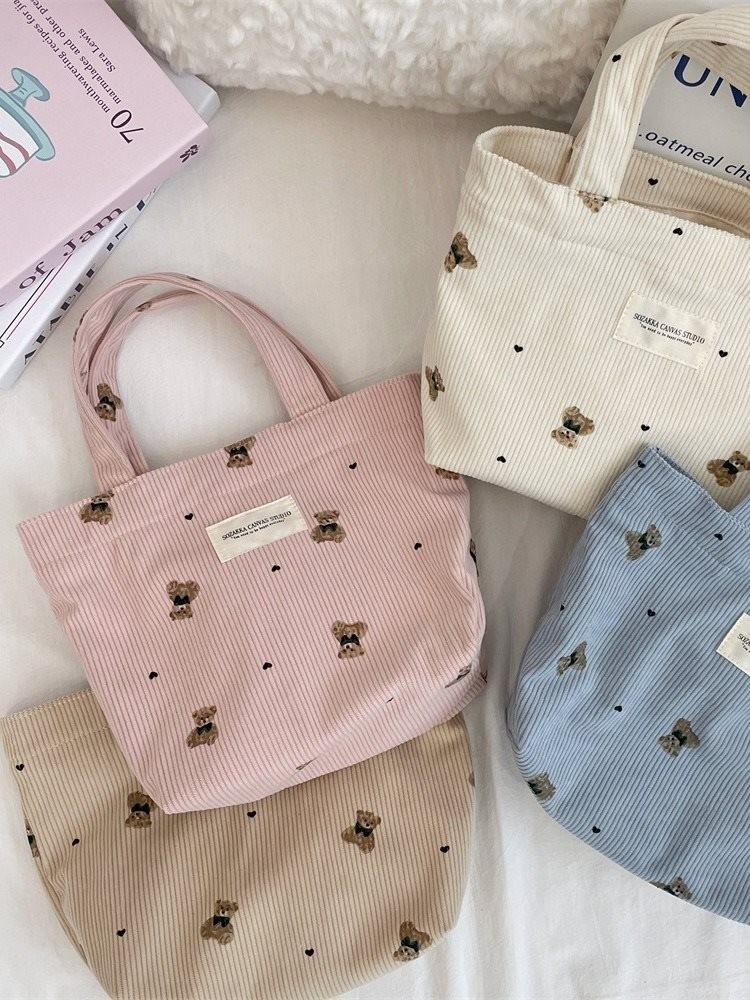 Cozy Corduroy Bear Tote Bag For Women In Soft Colors Ideal For Work And Outings