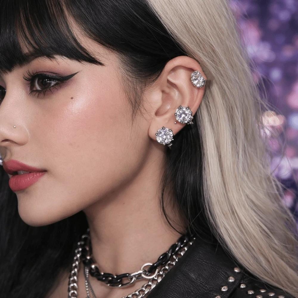 Silver Color Zircon Hoop Earrings Adjustable Light Luxury Piercing Shiny Ear Buckles Round Alloy Synthetic Zirconia Earrings