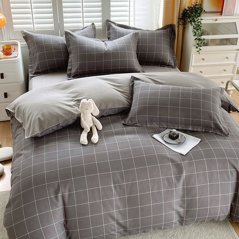 Vierteiliges Bettwäsche-Set, Bettwäsche, Gewaschene Baumwolle Sandgestrahlt Verdickter Bettbezug, Stepplaken, Studentenwohnheim Einzelbettbezug Dreiteiliges Set
