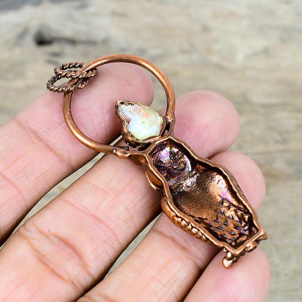 Ethiopian opal pendant electroformed copper pendant handmade jewelry gemstone pendant owl design pendant electroformed jewelry gifts for him