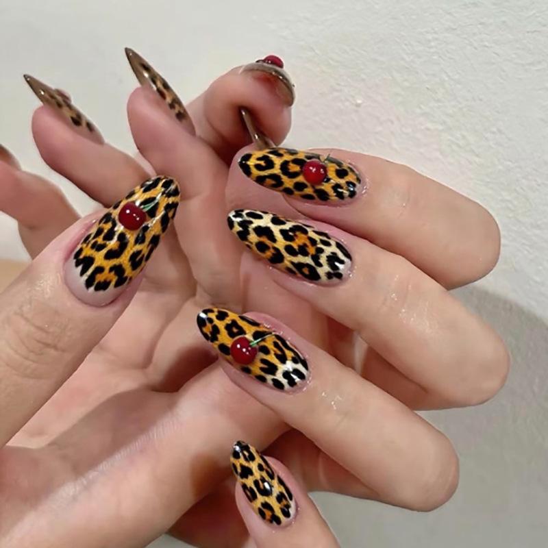 Leopard Print 3D Cherry Nail Tips: Short Almond Shape for Autumn & Winter Manicures