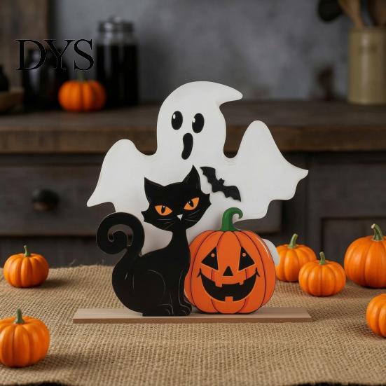 Holiday Window Display Items Halloween Table Decor, Wooden Black Cat Ghost Pumpkin Decorations Indoor Cute Small Signs Gifts, Room Decor for