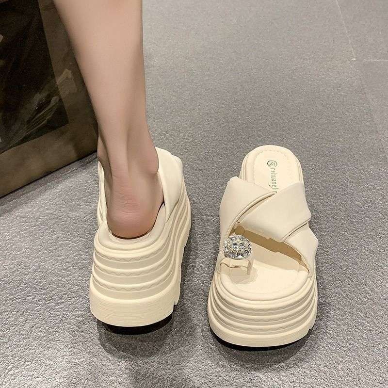French beautiful platform slippers women's summer wear small 8cm height increase muffin rhinestone cover toes with skirt sandals