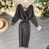 Women Shiny Knitted Dress Sexy V Neck Puff Sleeve Elastic Sheath Knitting Dress Autumn Solid Bow Sashes Pencil Dress