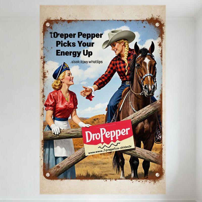 Винтажная жестяная вывеска-реклама Dr Pepper - Две женщины и лошадь Ретро Искусство середины 20-го века для Бара Мужской берлоги Домашнего декора 12x18 дюймов 20x30cm（7.8x11.8inch）