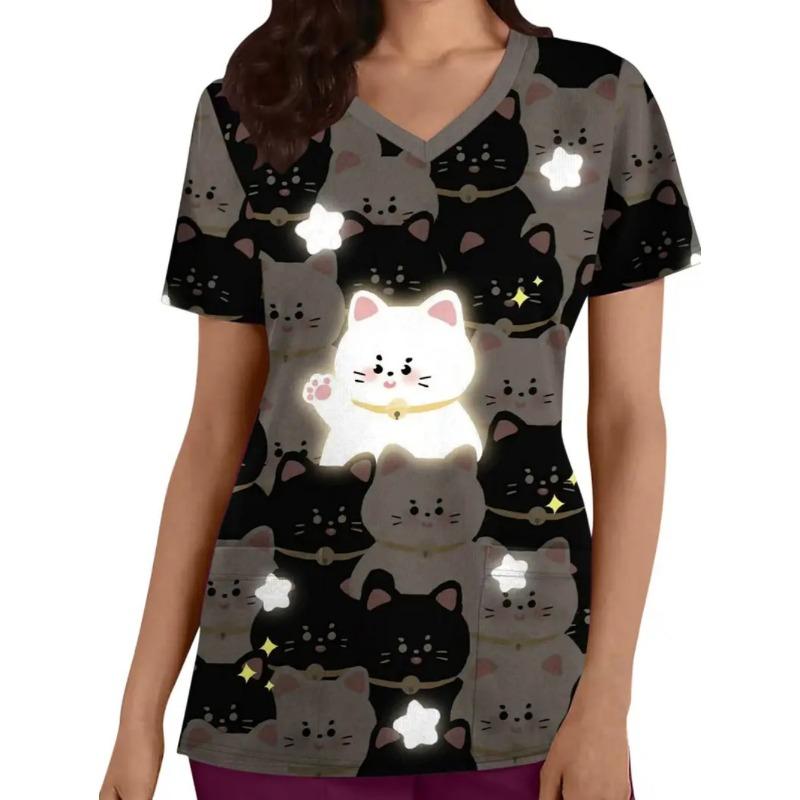 Woman Cute Cat Pattern Print V-Neck Short Sleeve Nurse Uniform Tops Comfortable with Pockets Medical Clothes