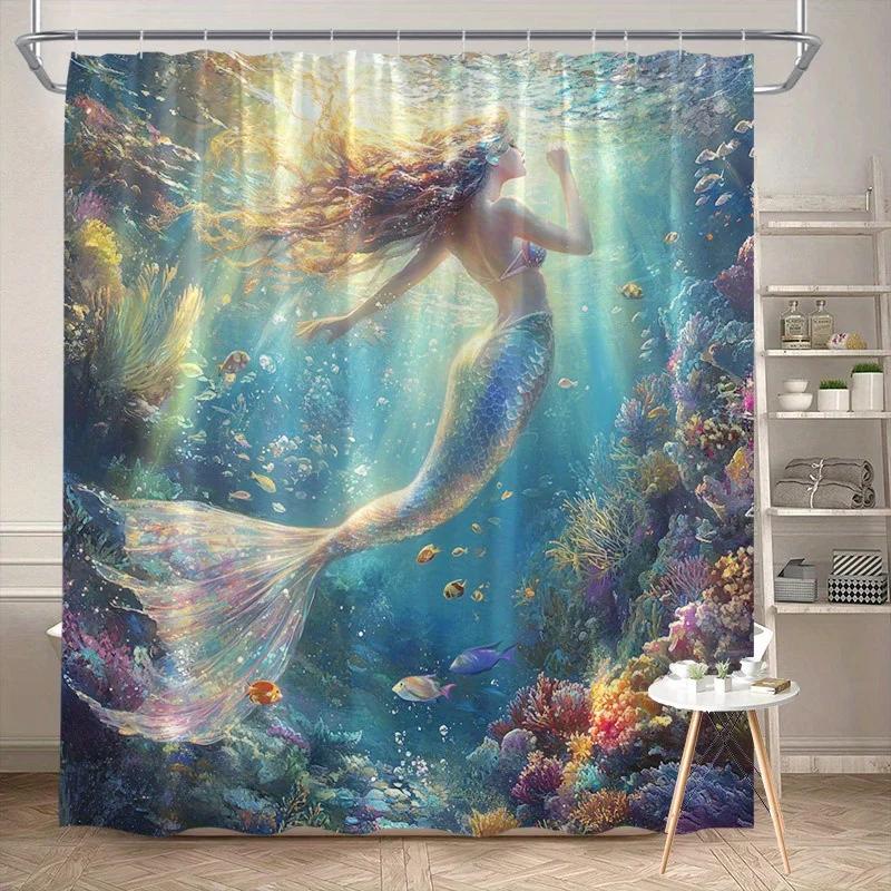 Enchanting Mermaid Shower Curtain - Vibrant Underwater Coral Reef Design For Modern Bathroom Décor, Waterproof & Easy Care
