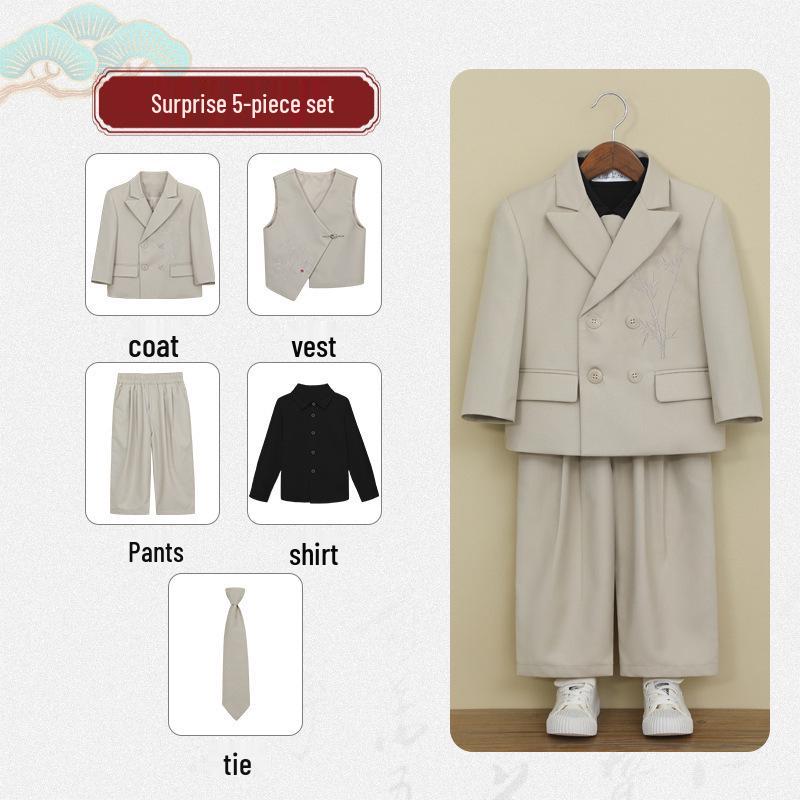 Boys' Chinese-Style Embroidered Velvet Vest and Suit for Autumn/Winter Photography and Performance