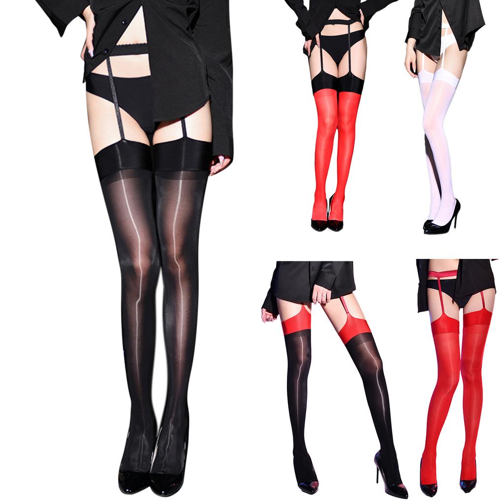 Womens Shiny Ultra-Thin Silky Suspender Tights Sexy Crotchless Oily Bright Shimmery Garters Belt Stockings Pantyhose
