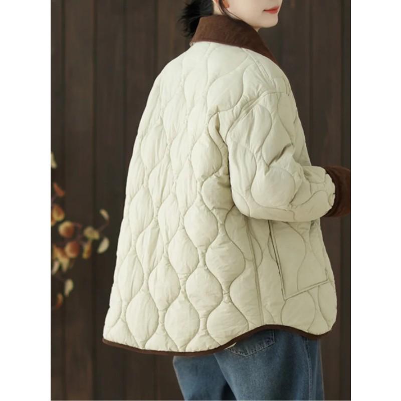 Damen Herbst- und Winter-Freizeitmantel mit Revers, verdickt und warm, leichte diamantgesteppte Colorblock-Jacke