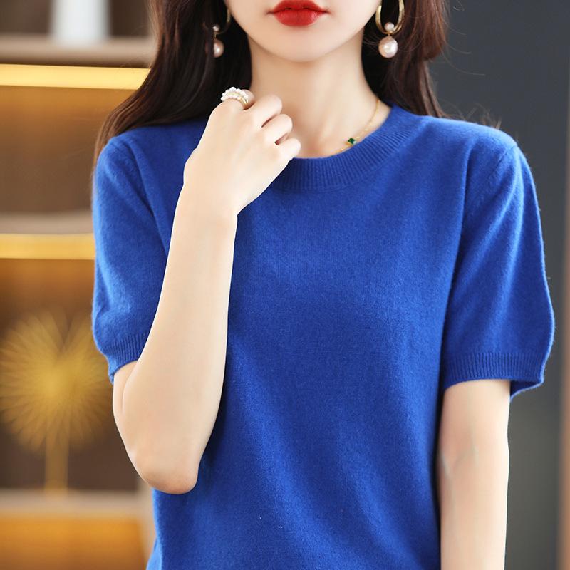 VEZFAA Dámská móda Ležérní podzim Zima Jednobarevné svetry s krátkým rukávem a výstřihem do O