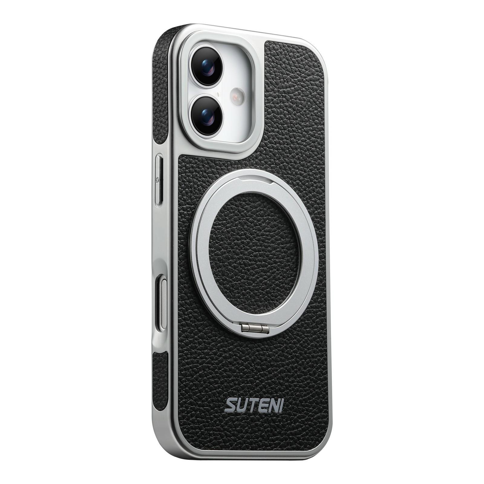 SUTENI G6 for iPhone 17 Magnetic Case Rotating Kickstand Electroplating Litchi Texture Leather Back Cover
