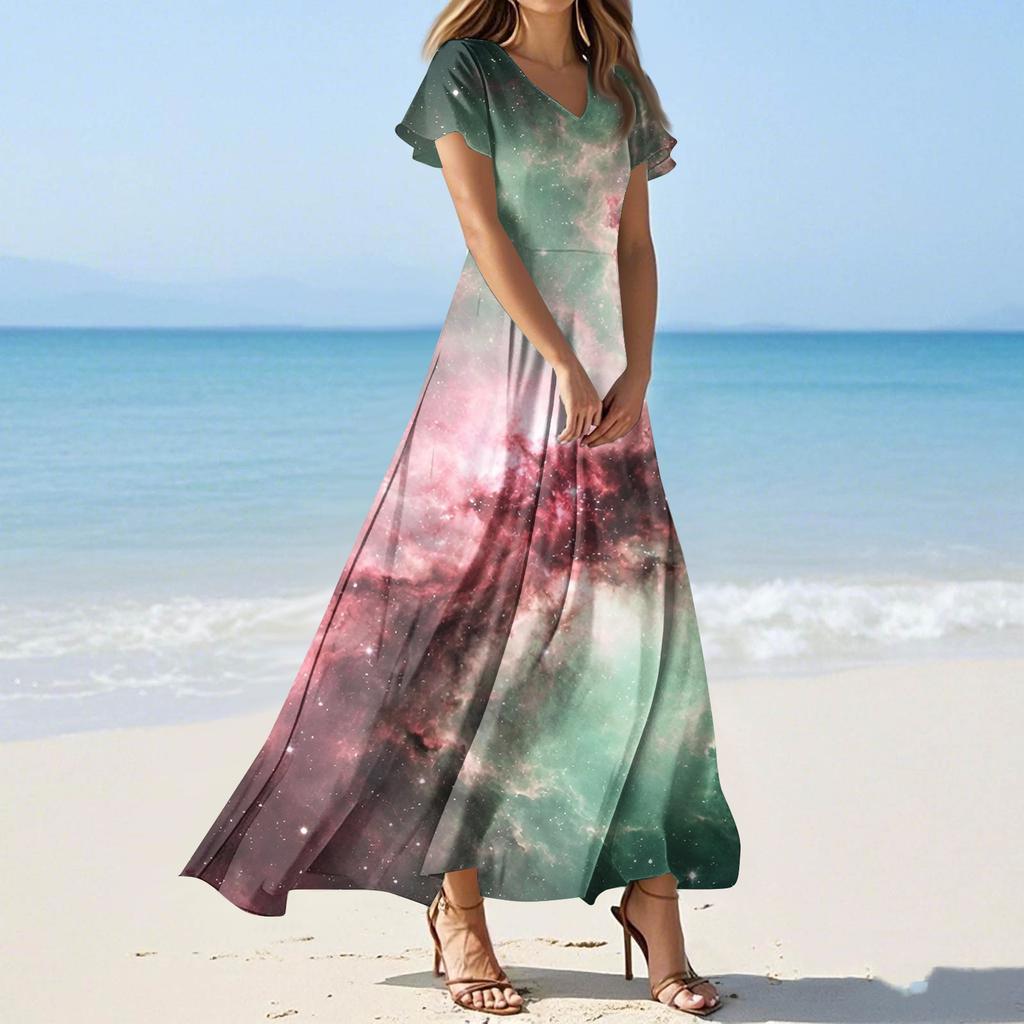 Women's Summer Casual Fashion -Print V-Neck Short-Sleeve Patchwork Dress