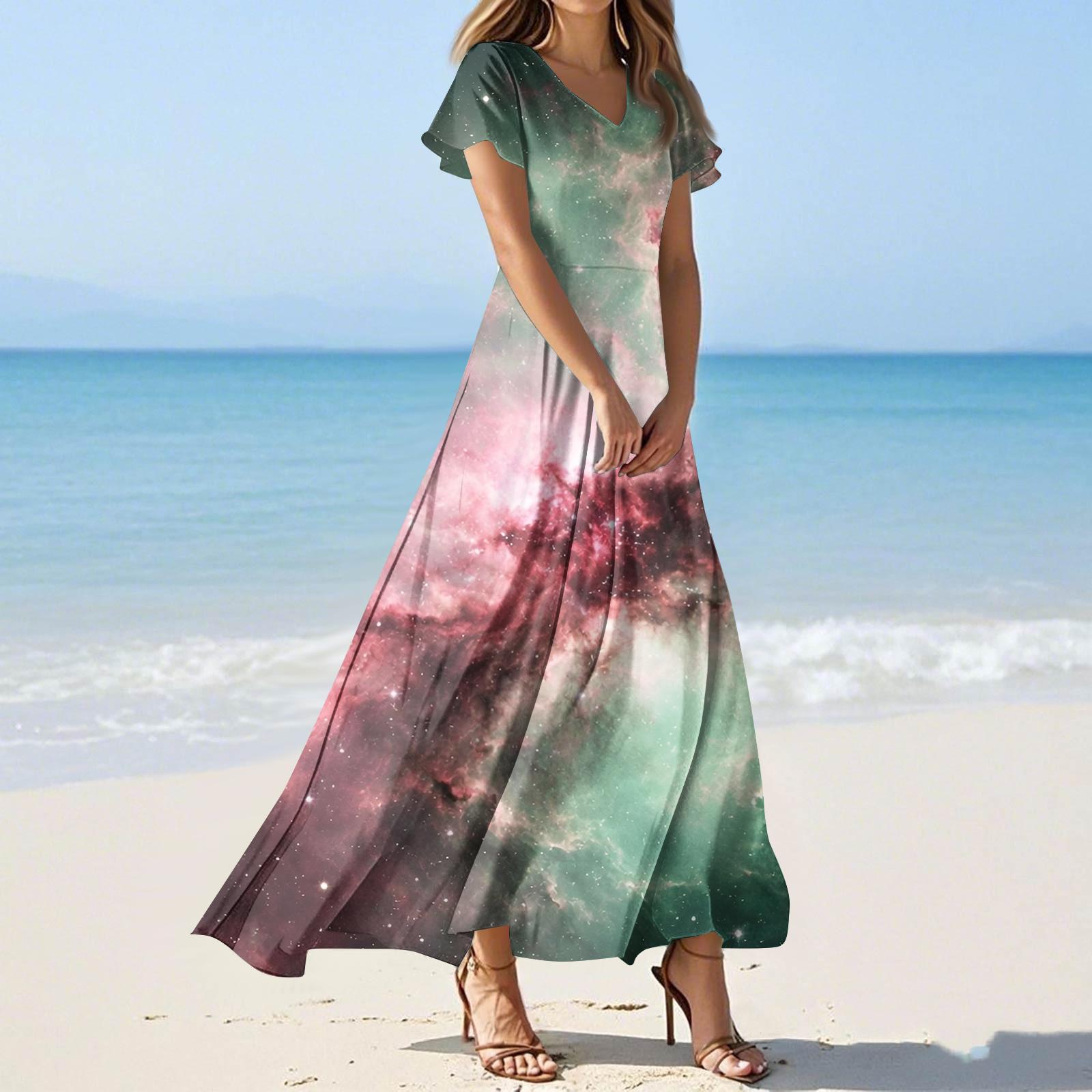 

Women s Summer Casual Fashion -Print V-Neck Short-Sleeve Patchwork Dress M