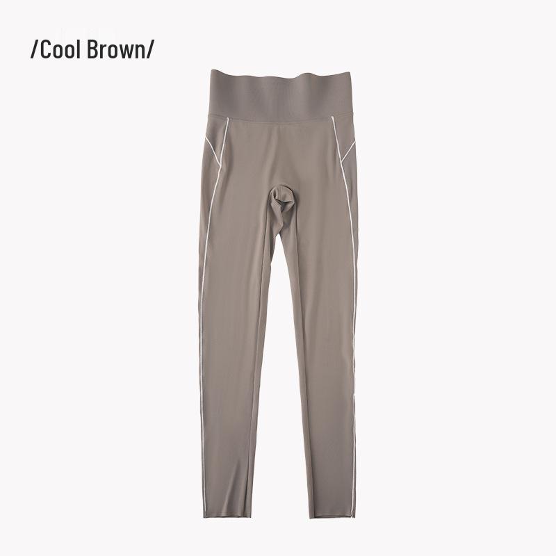 

Леггинсы для йоги с высокой талией телесного цвета с белой полосой по бокам для женского фитнеса L