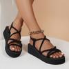 Thick-soled Wedge-heeled Lace-up Sandals for Women, Fashionable Round-toed Cross-strap Heightened Open-toed Women's Sandals 2025