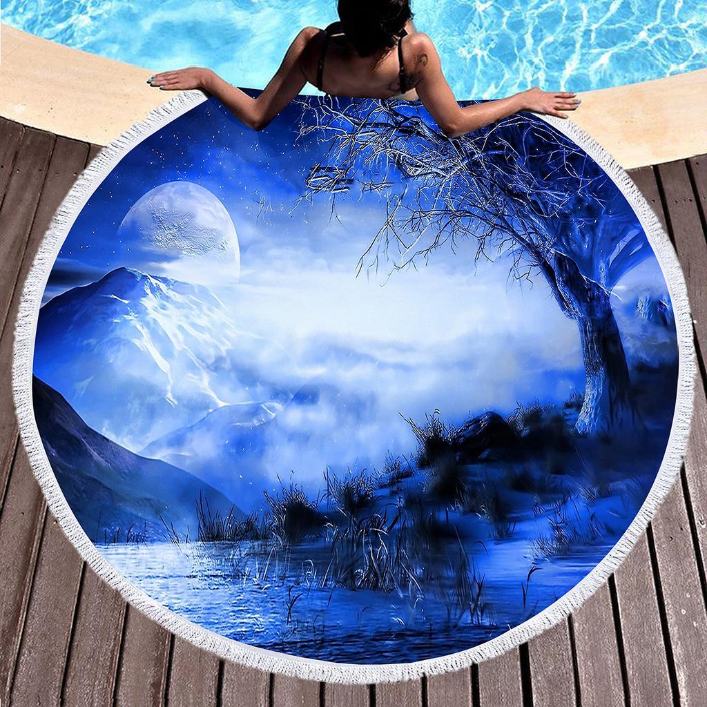 Round Beach Towel,Fantasy Winter Tree Printing Polyester Sand Resistant Beach Blanket,Absorbent Quick Dry Pool Towel Picnic Mat