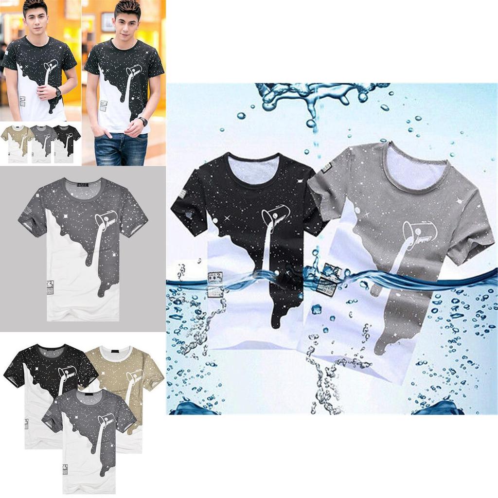Trendy Mens Fashion Milk Poured Pattern Printed Short Sleeve Round Neck T-shirt
