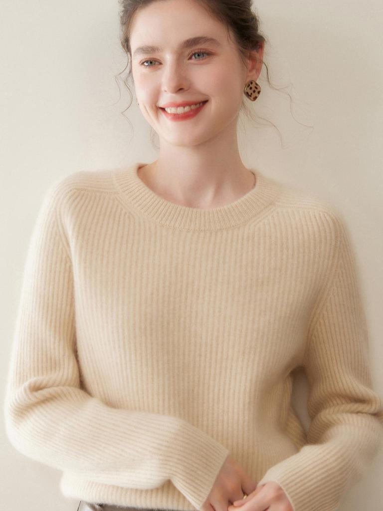 Ribbed Cashmere Round Neck Women's Short Pullover Sweater - Solid Color Loose Knit Top