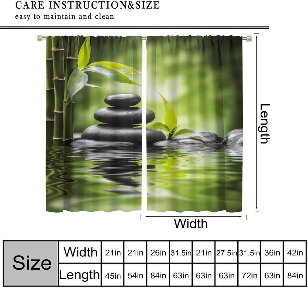 Zen Stone Blackout Curtains   Asian Japanese Green Bamboo Black Zen Stone Relaxing Window Drapes   for Bedroom Living Room 42" W X