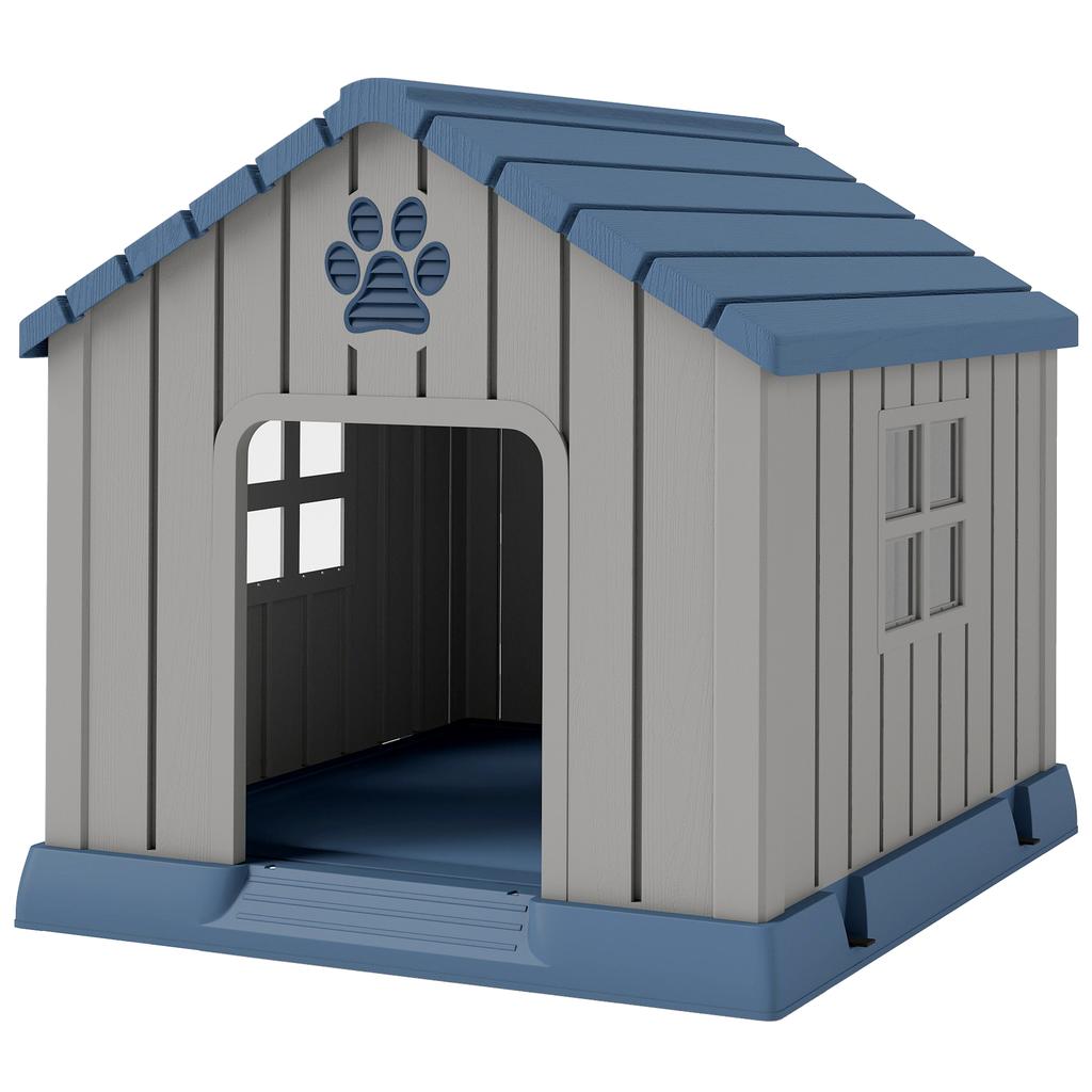 Waterproof Outdoor Dog House for Medium Size Dogs with Raised Base and Windows, 85x79x82 cm, Grey
