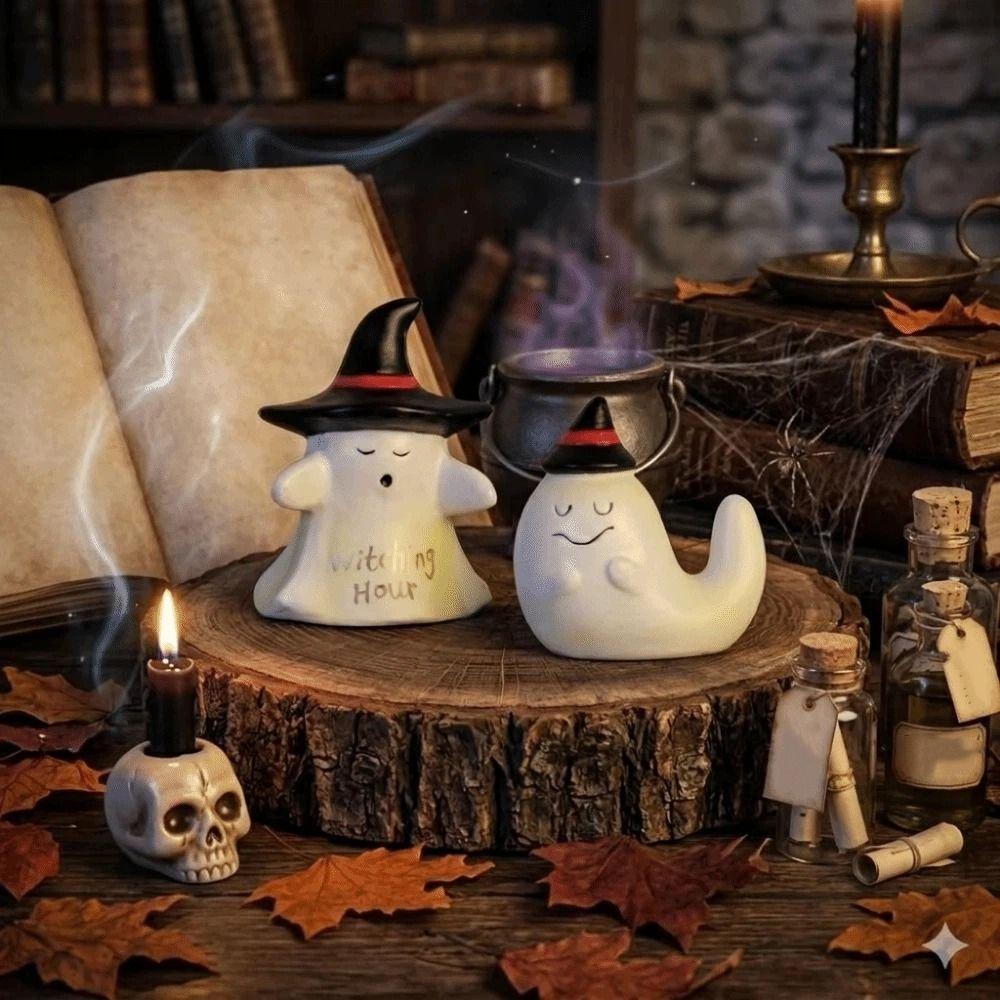 Cute Ghost Witch Hat Figurine Mini Spooky Resin Statue Witching Hour Ghost Ornaments Dining Table