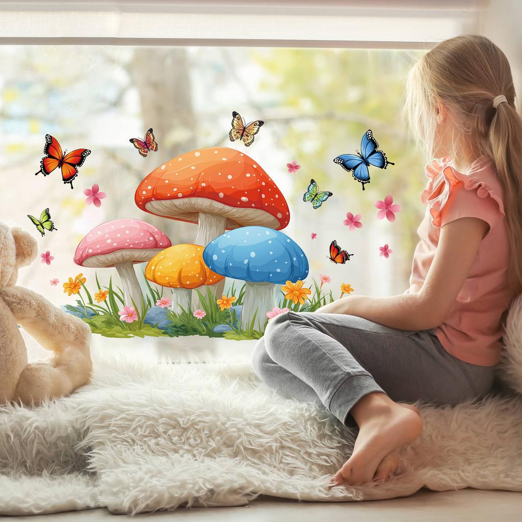 New cute mushroom butterfly glass stickers for children's room balcony window decoration stickers