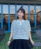 POLYGRAM Textured Striped Collared Short Sleeve Knit - White