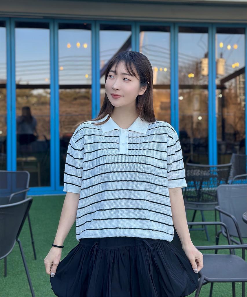 POLYGRAM Textured Striped Collared Short Sleeve Knit - White