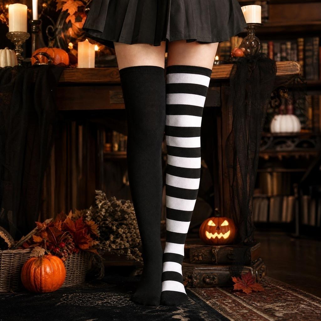 Damen Halloween Kniestrümpfe mit breiten Streifen, Colorblock-Muster für Kostümparty