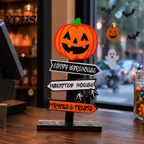 Halloween Atmosphere Props Wooden Sign Decoration, DIY Ghost Pumpkin Bat Tabletop Ornament with Table Decorations Spooky Slogans, Rustic for