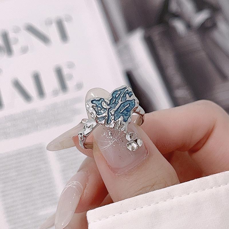 Sea Blue Love Dripping Oil Irregular Folds Personalized Ring Niche Design Cold Wind Couple Open Ring Gift